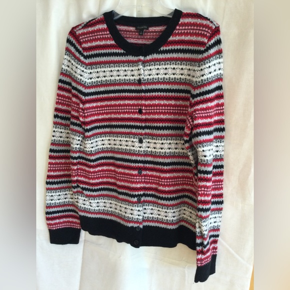 Talbots Button Front Red, Gray, Black, White Cardigan Sweater Size Large - Picture 1 of 4